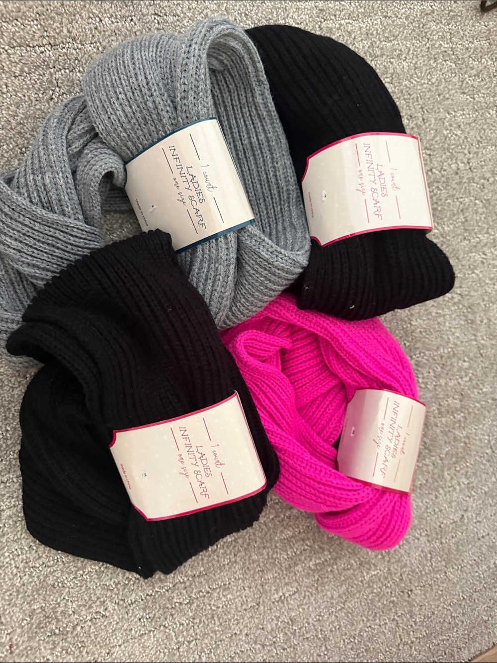 4 nwt Infinity Scarves for women  — Black, Gray & Hot Pink